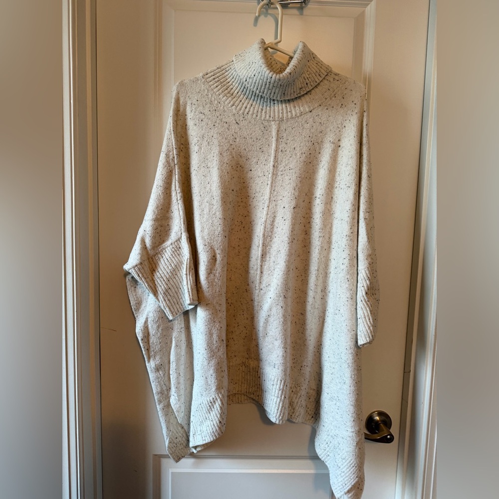 LOFT Speckled Cream Turtleneck Poncho Sweater